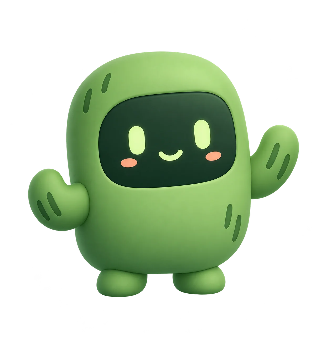 Facu, un cactus verde tierno con ojos luminosos, bracitos y mejillas durazno